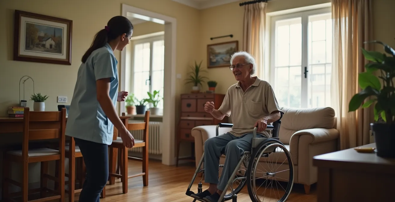 Ergothérapeute observant discrètement une personne âgée dans son salon